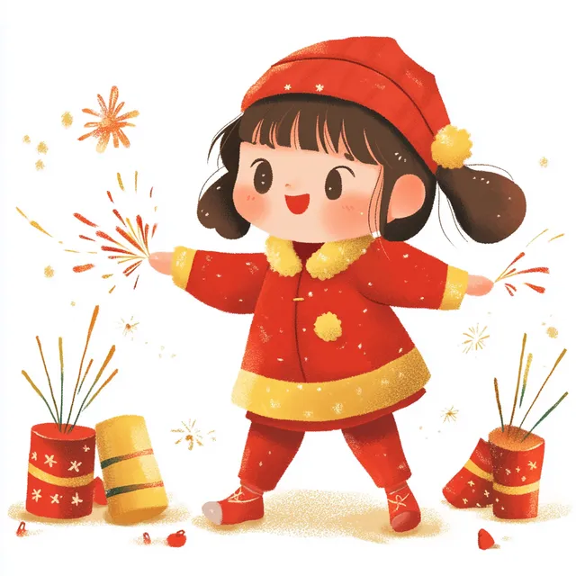 Festive Little Girl in Red Coat Lighting Firecrackers for New Year