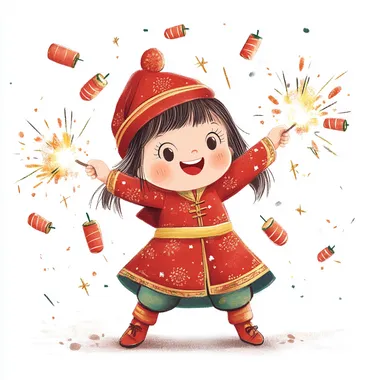 Create a cute and festive New Year's atmosphere illustration for a kindergarten. The character should be wearing traditional red festive clothing, similar to the reference image, and performing an action of lighting firecrackers. Remove any firework elements from the image. The character should be joyful and playful, with the head area left blank for customization. The background must be entirely white, with a cartoonish and adorable art style, suitable for young children. Emphasize bright colors, simple lines, and the cheerful atmosphere of celebrating New Year's with firecrackers.