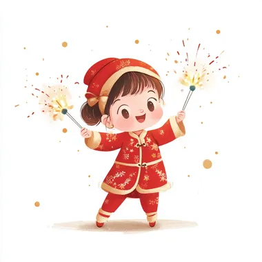 Create a cute and festive New Year's atmosphere illustration for a kindergarten. The character should be wearing traditional red festive clothing, similar to the reference image, and performing an action of lighting firecrackers. Remove any firework elements from the image. The character should be joyful and playful, with the head area left blank for customization. The background must be entirely white, with a cartoonish and adorable art style, suitable for young children. Emphasize bright colors, simple lines, and the cheerful atmosphere of celebrating New Year's with firecrackers.