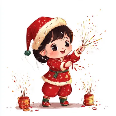 Create a cute and festive New Year's atmosphere illustration for a kindergarten. The character should be wearing traditional red festive clothing, similar to the reference image, and performing an action of lighting firecrackers. Remove any firework elements from the image. The character should be joyful and playful, with the head area left blank for customization. The background must be entirely white, with a cartoonish and adorable art style, suitable for young children. Emphasize bright colors, simple lines, and the cheerful atmosphere of celebrating New Year's with firecrackers.