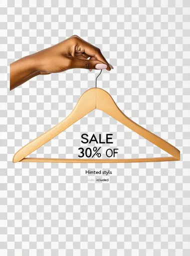 A Black woman's hand holding up an empty hanger, with the words "SALE" and "30% OFF" against a white background, in a flat lay style, with text that says "Hinted styles included." A simple yet elegant design featuring clean lines and minimalistic elements to emphasize the clarity of the message in a sleek and modern font. The overall feel is minimalist and sophisticated, suitable for high-end fashion retail marketing material or a social media post.