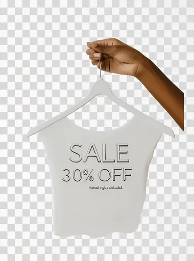 A Black woman's hand holding up an empty hanger, with the words "SALE" and "30% OFF" against a white background, in a flat lay style, with text that says "Hinted styles included." A simple yet elegant design featuring clean lines and minimalistic elements to emphasize the clarity of the message in a sleek and modern font. The overall feel is minimalist and sophisticated, suitable for high-end fashion retail marketing material or a social media post.