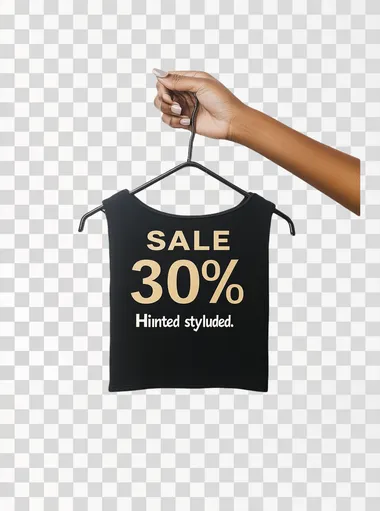 A Black woman's hand holding up an empty hanger, with the words "SALE" and "30% OFF" against a white background, in a flat lay style, with text that says "Hinted styles included." A simple yet elegant design featuring clean lines and minimalistic elements to emphasize the clarity of the message in a sleek and modern font. The overall feel is minimalist and sophisticated, suitable for high-end fashion retail marketing material or a social media post.