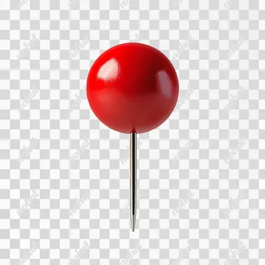 3 A red pushpin with a round head and a short point, against a solid white background, in a front view, in a simple style and design, captured with high-resolution photography, using a macro lens and studio lighting, with professional color grading, no shadows, resulting in high-quality, high-detail imagery.