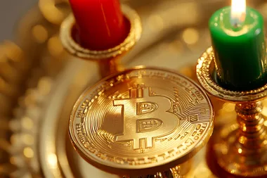 golden timer, bitcoin gold coin, red and green candles rising trading chart, running bull, light gold background,