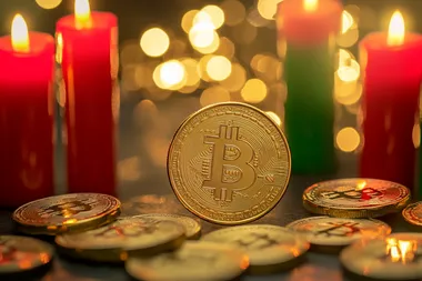 golden timer, bitcoin gold coin, red and green candles rising trading chart, running bull, light gold background,