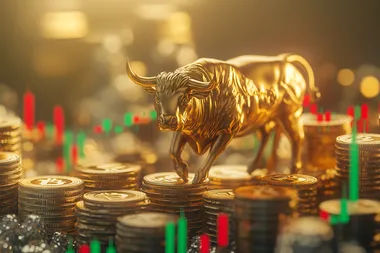 golden timer, bitcoin gold coin, red and green candles rising trading chart, running bull, light gold background,