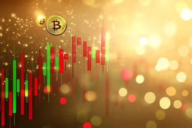 golden timer, bitcoin gold coin, red and green candles rising trading chart, running bull, light gold background,