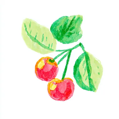 cute gouache clipart of cherry - one cherry , pale green leaves. .white background  rofile vg7y6ad