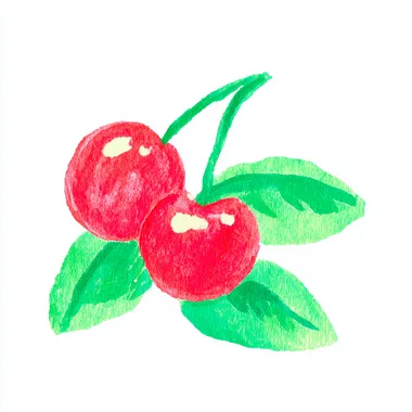 cute gouache clipart of cherry - one cherry , pale green leaves. .white background  rofile vg7y6ad
