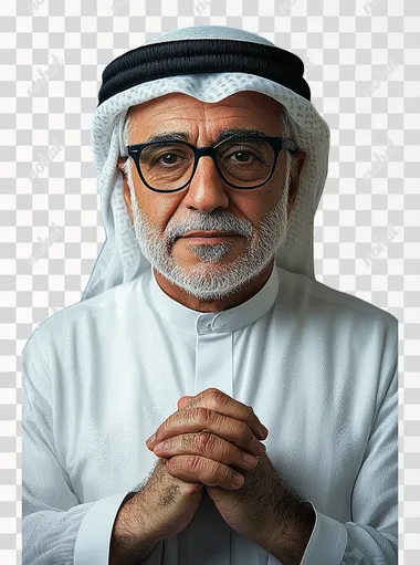 full body of middle age Kuwaiti man wearing eye glasses, ghutra and white dishdasha, standing crossing his hands