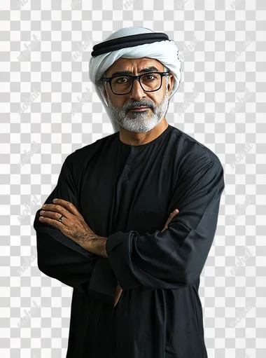 full body of middle age Kuwaiti man wearing eye glasses, ghutra and white dishdasha, standing crossing his hands