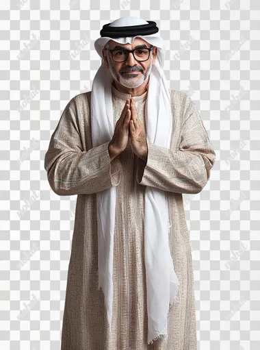 full body of middle age Kuwaiti man wearing eye glasses, ghutra and white dishdasha, standing crossing his hands