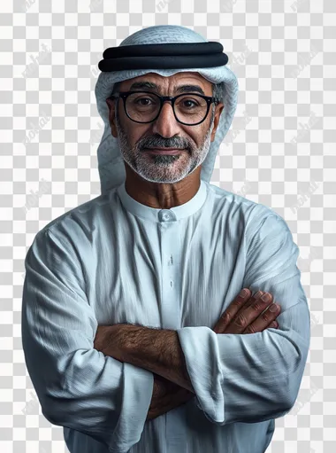full body of middle age Kuwaiti man wearing eye glasses, ghutra and white dishdasha, standing crossing his hands