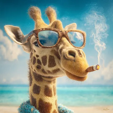 The image shows a very funny giraffe busily smoking a cigarette while relaxing on a sandy beach. His large sunglasses reflect the bright rays of the sun adding to the fun of his relaxed appearance. The delightfully detailed texture of his coat is complemented by the bright realistic colors of the tropical beach with the calm sea and blue sky as a backdrop