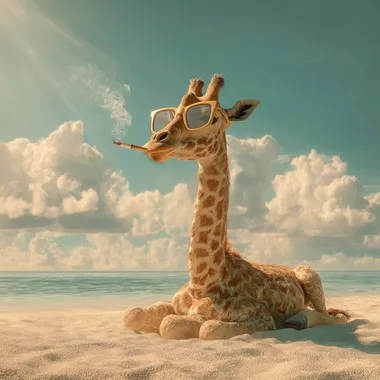 The image shows a very funny giraffe busily smoking a cigarette while relaxing on a sandy beach. His large sunglasses reflect the bright rays of the sun adding to the fun of his relaxed appearance. The delightfully detailed texture of his coat is complemented by the bright realistic colors of the tropical beach with the calm sea and blue sky as a backdrop