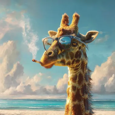 The image shows a very funny giraffe busily smoking a cigarette while relaxing on a sandy beach. His large sunglasses reflect the bright rays of the sun adding to the fun of his relaxed appearance. The delightfully detailed texture of his coat is complemented by the bright realistic colors of the tropical beach with the calm sea and blue sky as a backdrop
