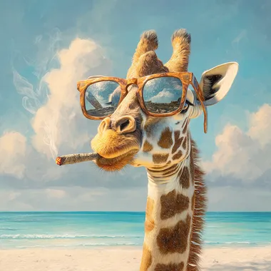 The image shows a very funny giraffe busily smoking a cigarette while relaxing on a sandy beach. His large sunglasses reflect the bright rays of the sun adding to the fun of his relaxed appearance. The delightfully detailed texture of his coat is complemented by the bright realistic colors of the tropical beach with the calm sea and blue sky as a backdrop