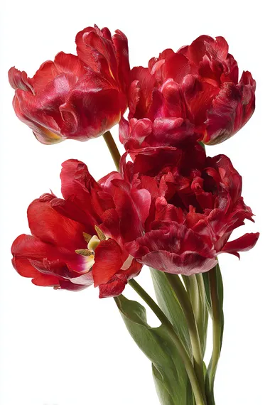 red tulips on a white background are arranged in 1 piece, but in general they are harmoniously combined with each other, super detailed photo, hyper realistic photo