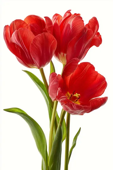 red tulips on a white background are arranged in 1 piece, but in general they are harmoniously combined with each other, super detailed photo, hyper realistic photo
