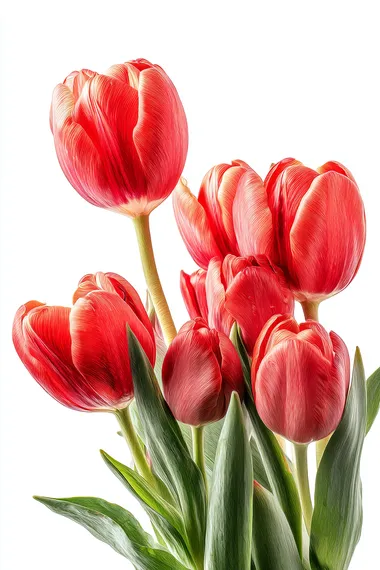 red tulips on a white background are arranged in 1 piece, but in general they are harmoniously combined with each other, super detailed photo, hyper realistic photo