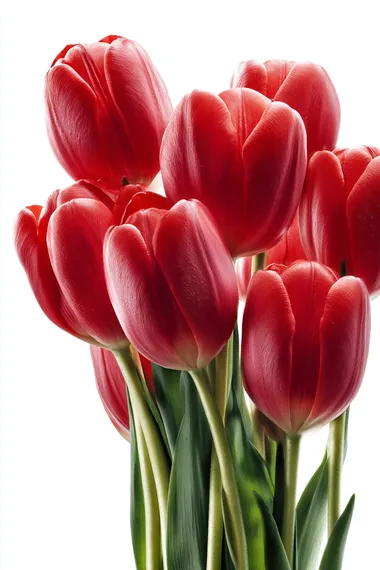 red tulips on a white background are arranged in 1 piece, but in general they are harmoniously combined with each other, super detailed photo, hyper realistic photo