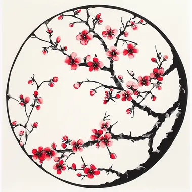 Peach blossom in Chinese paper cut style, black, white background, minimalist style