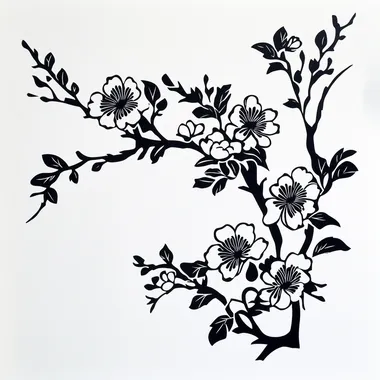 Peach blossom in Chinese paper cut style, black, white background, minimalist style