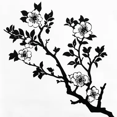 Peach blossom in Chinese paper cut style, black, white background, minimalist style