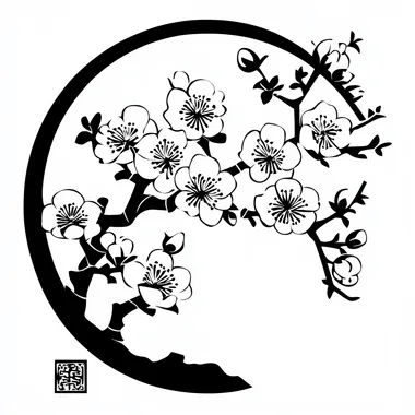 Peach blossom in Chinese paper cut style, black, white background, minimalist style