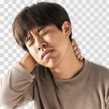 A photographic image of a 20-year-old korean man, grimacing in pain, holding the back of her neck with one hand, white background. The man is slightly bent forward, with his eyes closed tightly. The image captures the tension in her facial muscles and the strain in his posture. hd quality, natural look, Canon EOS 5D, sharp focus, clear details, soft lighting, minimalistic setting, emphasis on expression, realistic depiction