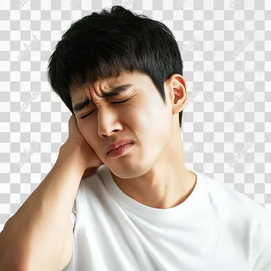 A photographic image of a 20-year-old korean man, grimacing in pain, holding the back of her neck with one hand, white background. The man is slightly bent forward, with his eyes closed tightly. The image captures the tension in her facial muscles and the strain in his posture. hd quality, natural look, Canon EOS 5D, sharp focus, clear details, soft lighting, minimalistic setting, emphasis on expression, realistic depiction