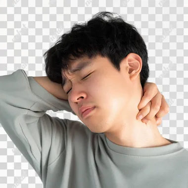 A photographic image of a 20-year-old korean man, grimacing in pain, holding the back of her neck with one hand, white background. The man is slightly bent forward, with his eyes closed tightly. The image captures the tension in her facial muscles and the strain in his posture. hd quality, natural look, Canon EOS 5D, sharp focus, clear details, soft lighting, minimalistic setting, emphasis on expression, realistic depiction