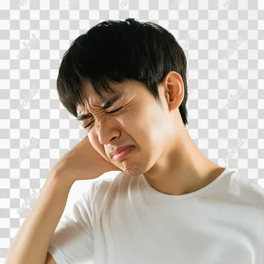 A photographic image of a 20-year-old korean man, grimacing in pain, holding the back of her neck with one hand, white background. The man is slightly bent forward, with his eyes closed tightly. The image captures the tension in her facial muscles and the strain in his posture. hd quality, natural look, Canon EOS 5D, sharp focus, clear details, soft lighting, minimalistic setting, emphasis on expression, realistic depiction