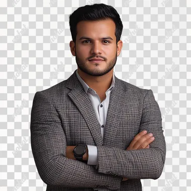 A GOOD LOOKING SAUDI MAN CALLED MOHAMED ALFAYESWITH professional portet standing like an architect pic with grey color background front pose crosed hand