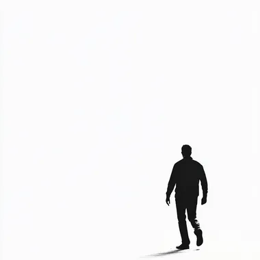 the shilouette of a man walking away from us, black and white, pure white bg