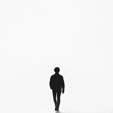 the shilouette of a man walking away from us, black and white, pure white bg