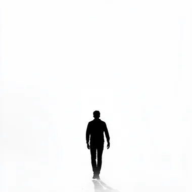 the shilouette of a man walking away from us, black and white, pure white bg