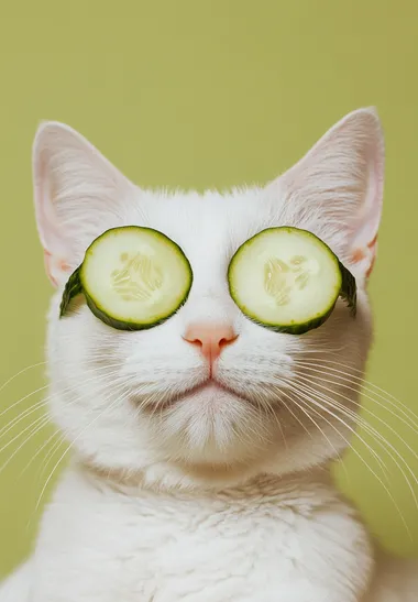 white cat with cucumber slices on his eyes on an olive background photo
