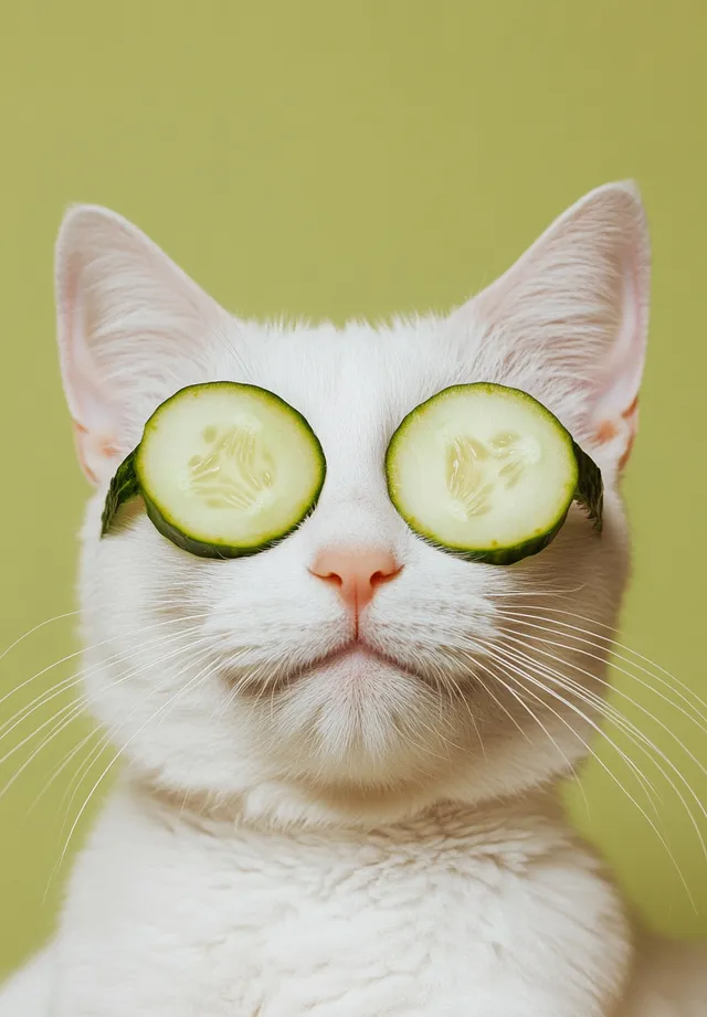 White Cat Relaxing with Cucumber Slices on Eyes Against Olive Background