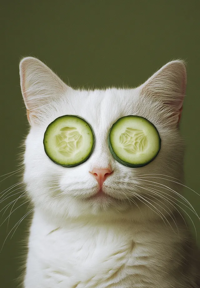 White Cat Relaxing with Cucumber Slices on Eyes in Olive Room Photo