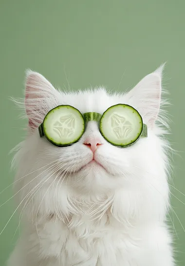 white cat with cucumber slices on his eyes on an olive background photo