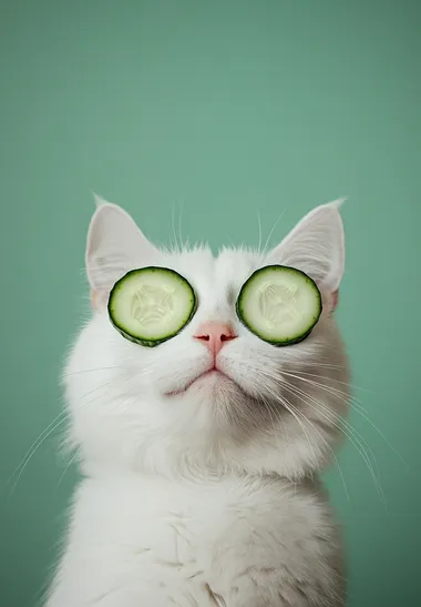 white cat with cucumber slices on his eyes on an olive background photo