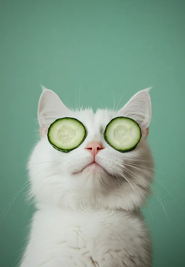 White Cat Relaxing with Cucumber Slices on Eyes Against Olive Background