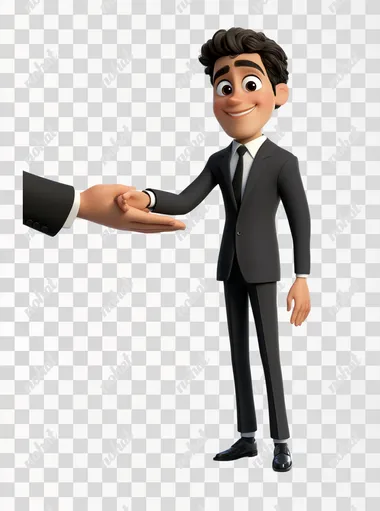 A young man in a suit, holding out his hand to help someone up, cartoon-style character design, white background, 3D rendering, in the style of Disney Pixar animation.  --s 50