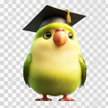 cute parrot, cartoon, fat, wearing a graduation cap, small eyes, animation
