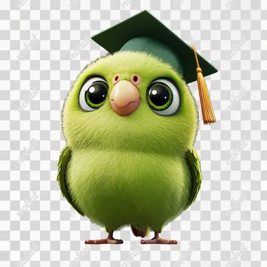 cute parrot, cartoon, fat, wearing a graduation cap, small eyes, animation