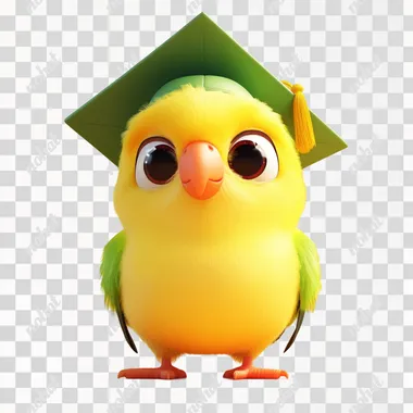cute parrot, cartoon, fat, wearing a graduation cap, small eyes, animation