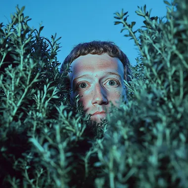Mark Zuckerberg peeking over bushes with a blue background