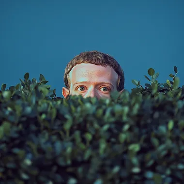 Mark Zuckerberg peeking over bushes with a blue background